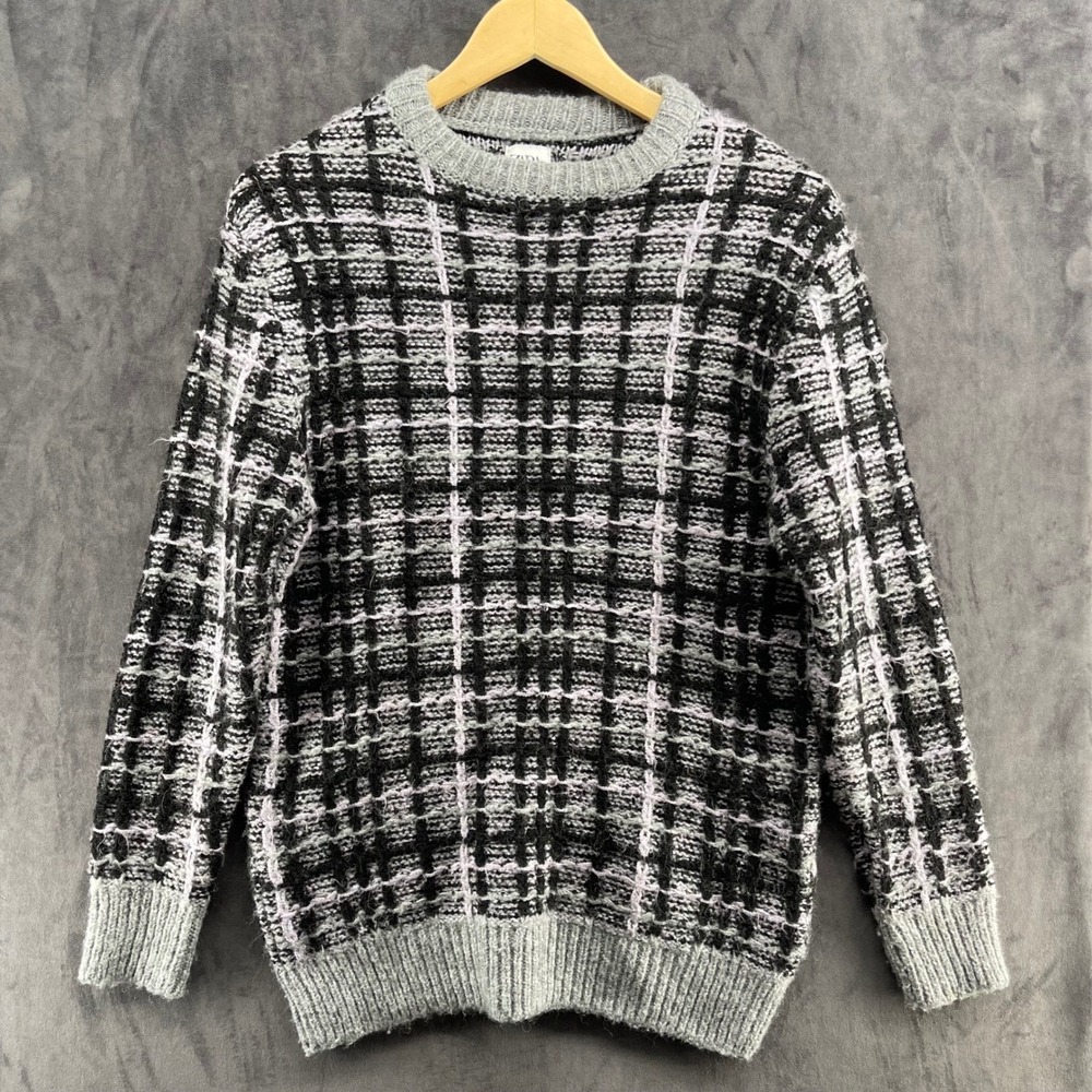 Zara Womens Plaid Knit Crewneck Sweater Grey Black Purple 3597/306 Size M